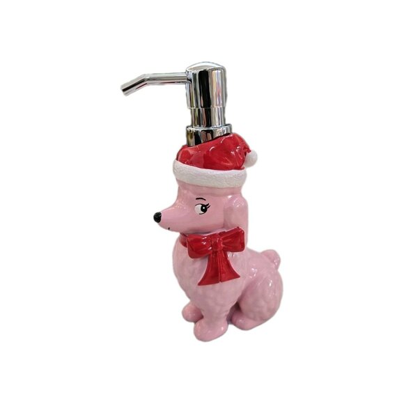 New Merry Christmas Dog Pink Poodle W/ Red Bow & Hat Girly Soap Dispenser Decor - Picture 2 of 4